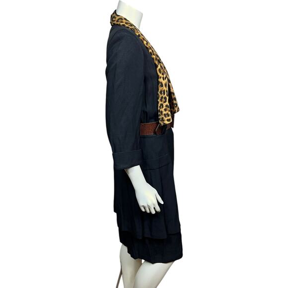 Vintage Studio I Navy Dress with Leopard Scarf & Brown Belt - 80s Size 10 - Picture 9 of 11